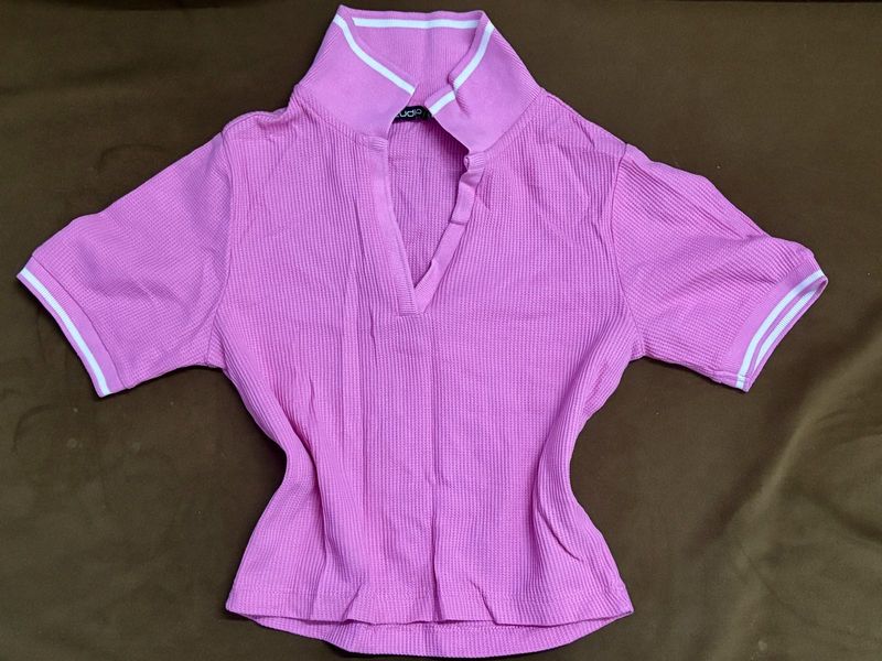 Pink t shirt with white strip collar ( polo )