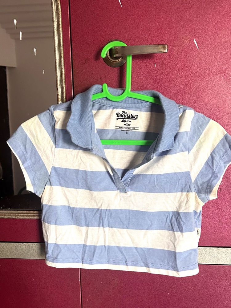Blue &amp; White Striped Crop Polo Top