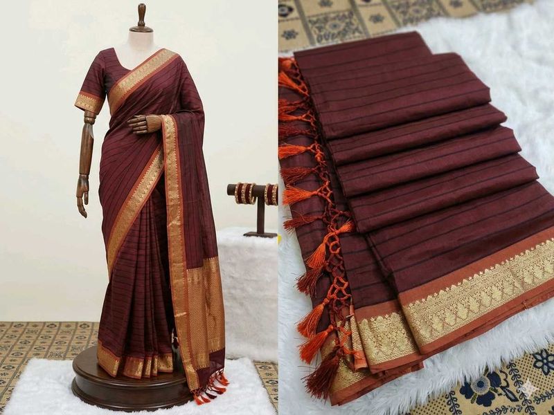 Maroon Striped Saree with Blouse