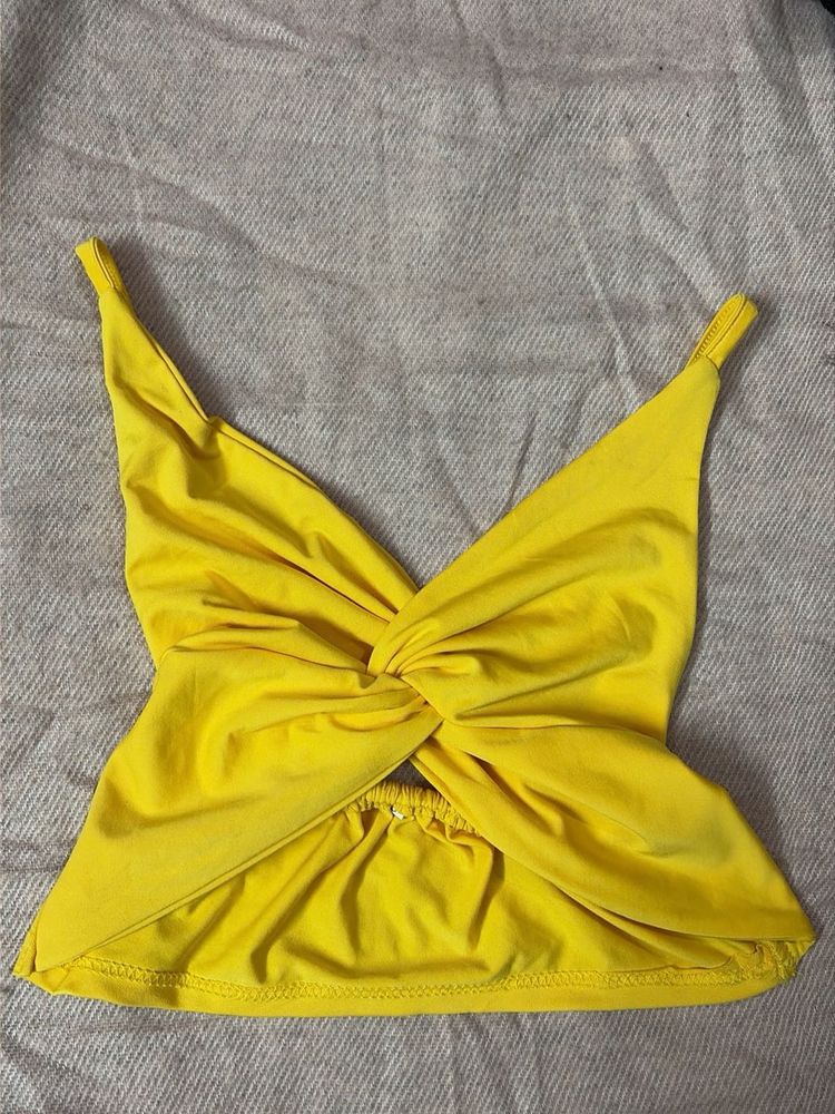 Vibrant Yellow Twist Front Crop Top