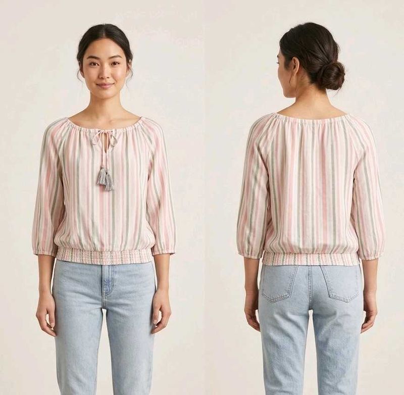 DNMX Striped Tie-Neck Blouse