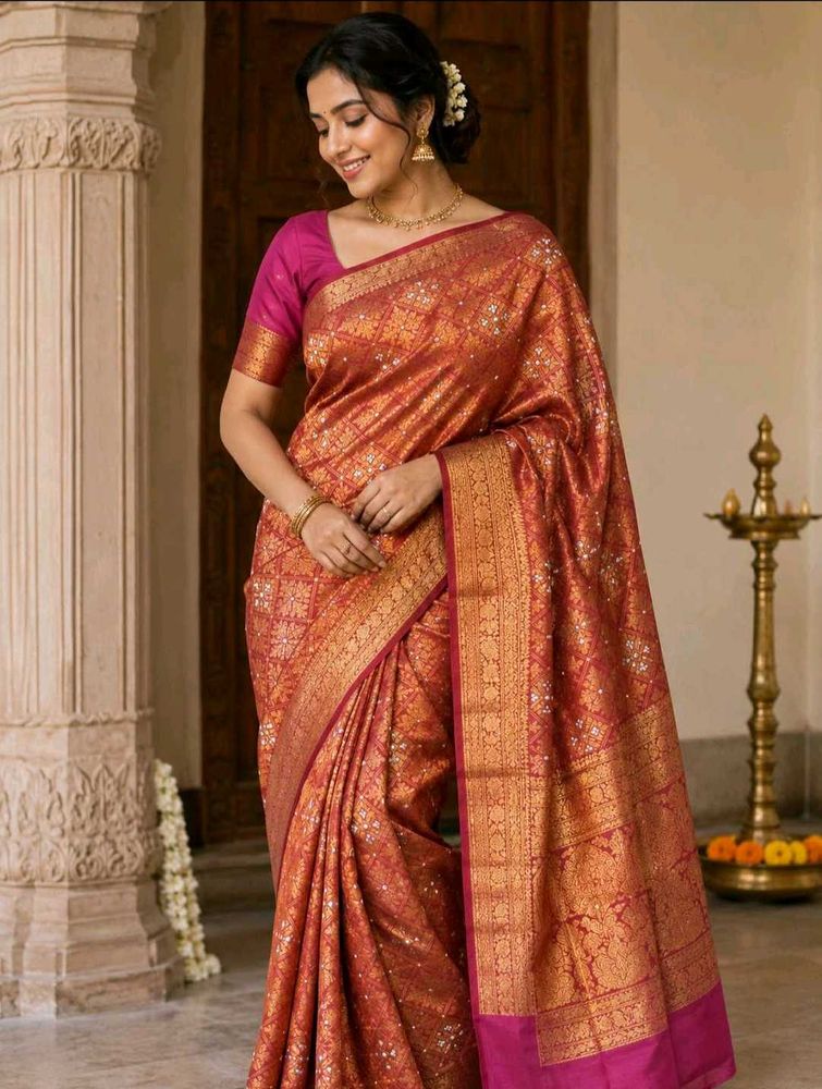 Elegant rani pink Banarasi Silk Saree without blou