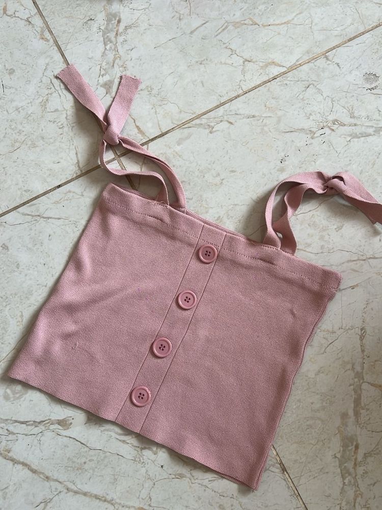 Mauve Pink Button-Up Crop Top with Tie Straps