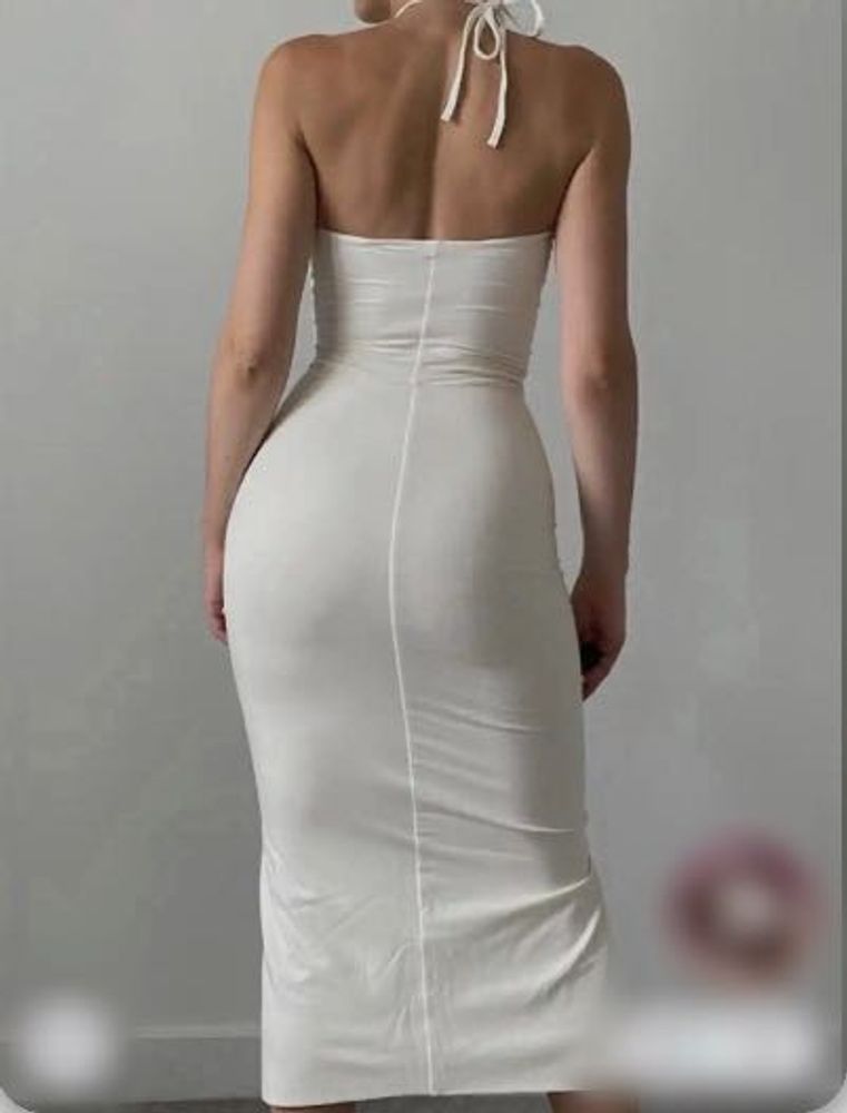 Cream Ruched Halter Neck Dress