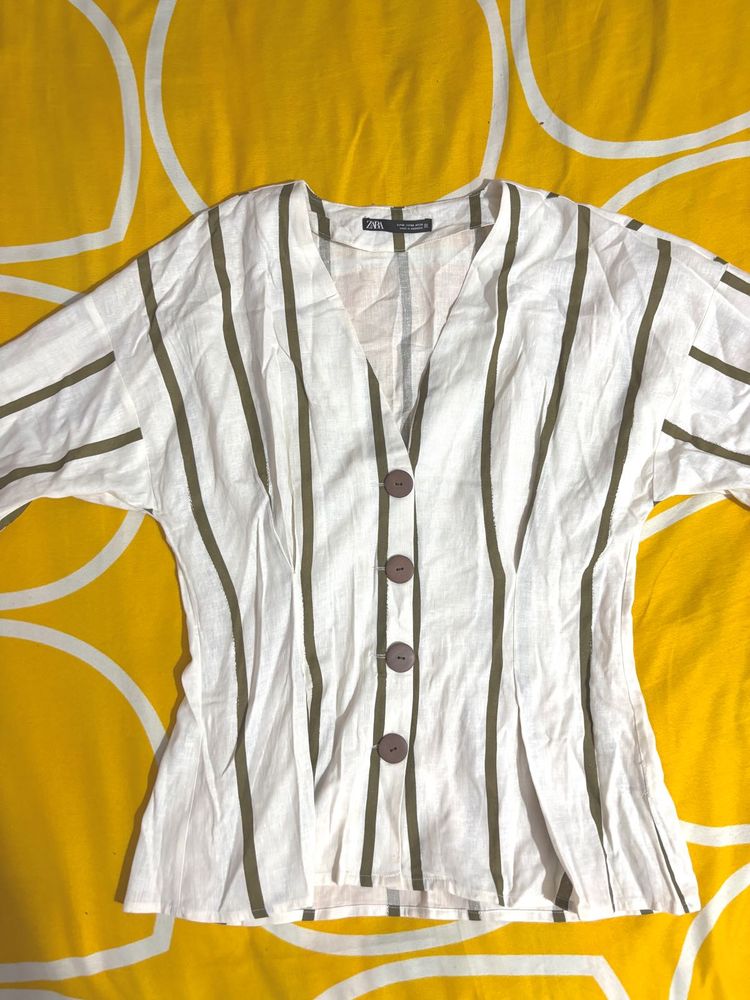 Striped V-Neck Button-Up Top