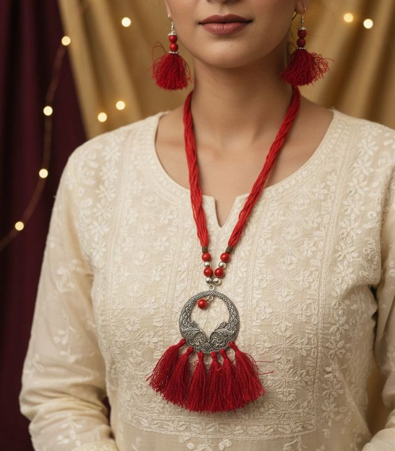 Red Tassel Necklace &amp; Earring Set