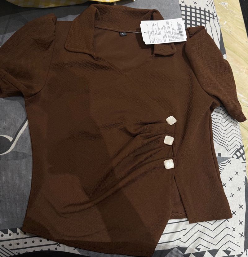 Chic Brown Textured Wrap Top