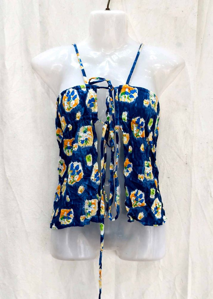 22197. Blue Floral Tie-Front Crop Top