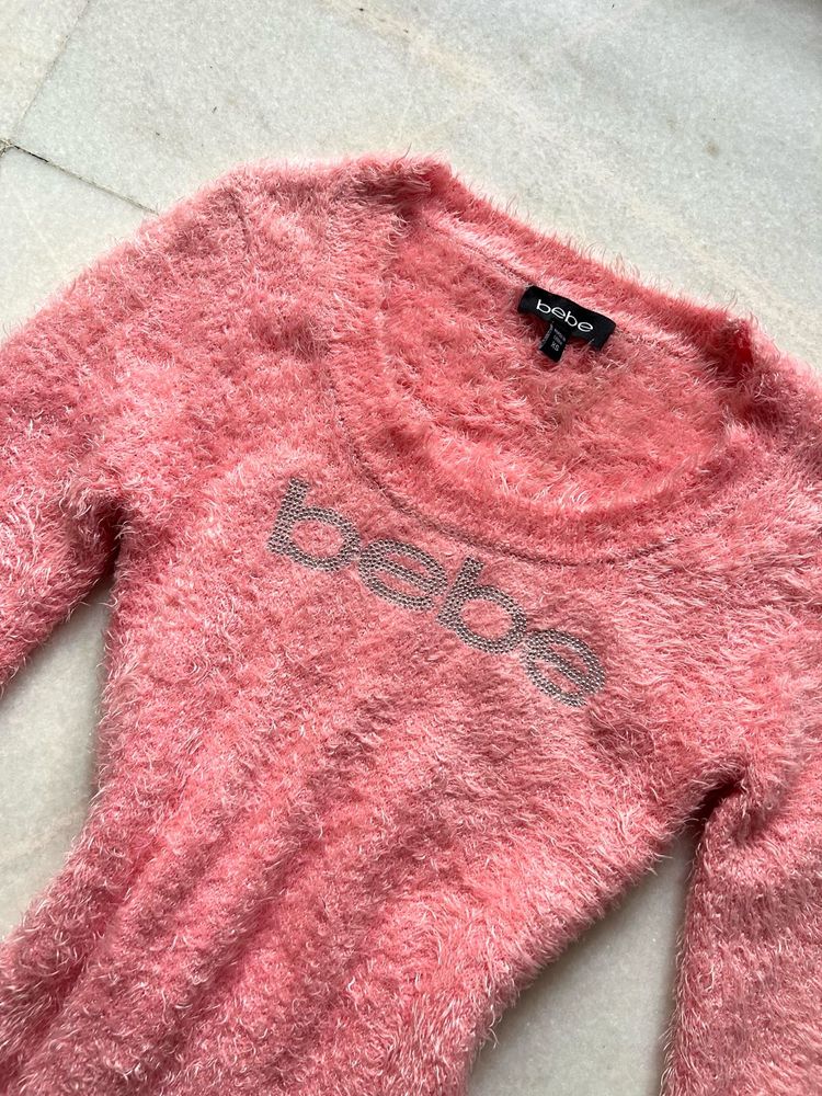 Y2k bebe pink fur fitted top