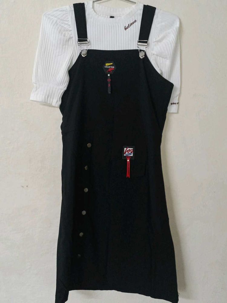 Chic Black Pinafore Dress with White Top