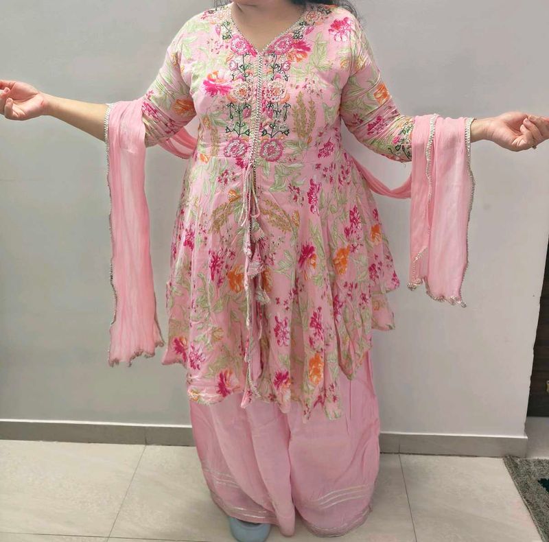 Beautiful Pink Floral Anarkali Gharara Suit Set