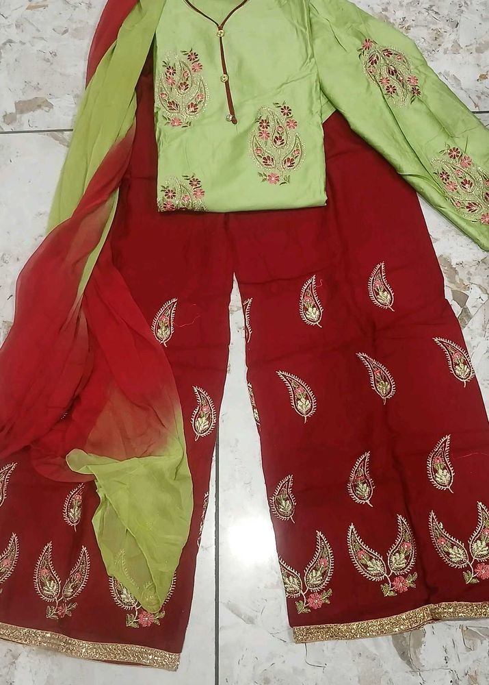 Embroidered Kurta Set with Palazzo &amp; Dupatta