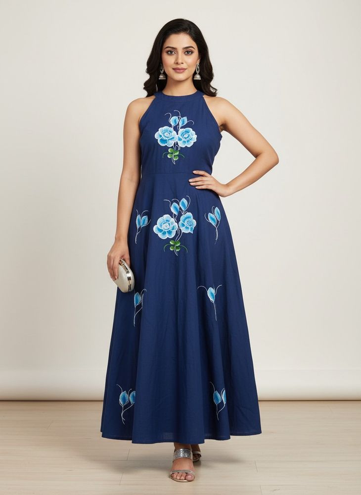 Beautiful Blue Floral Hand-Painted Gown