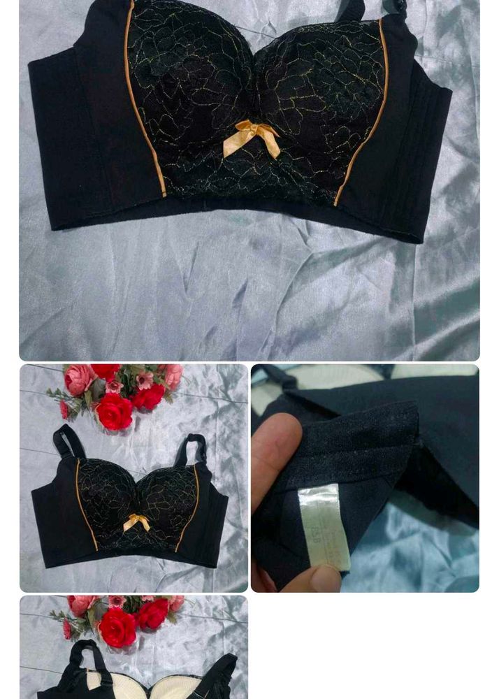 Black Lace Padded Bra with Gold Accents
