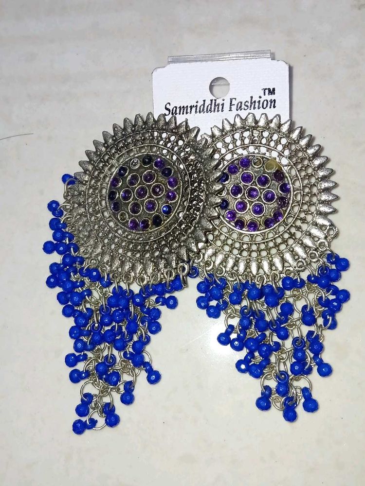Bohemian Silver &amp; Blue Jhumka Earrings