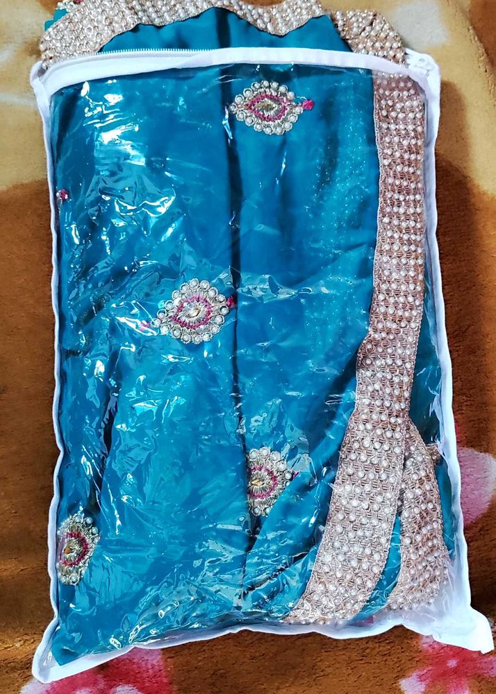 Teal Embellished pearl border Saree