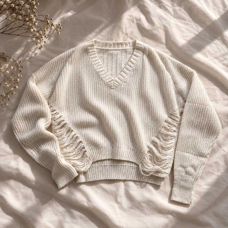 DISTRESSED V-NECK FRINGE KNIT SWEATER