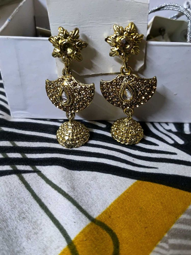 Exquisite Gold Tone Jhumka Earrings