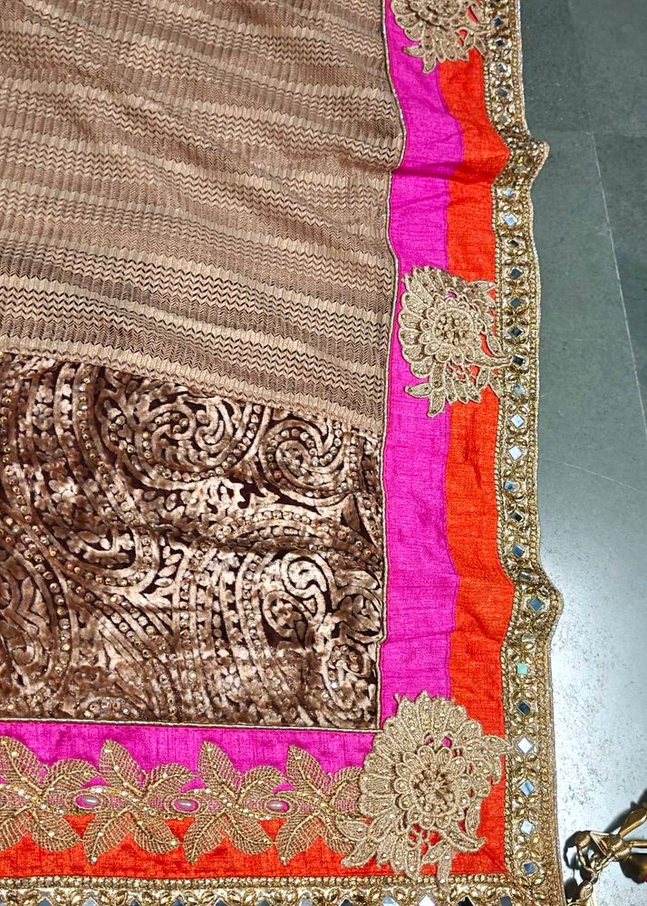 Beautiful Brown Valvet-Net Saree