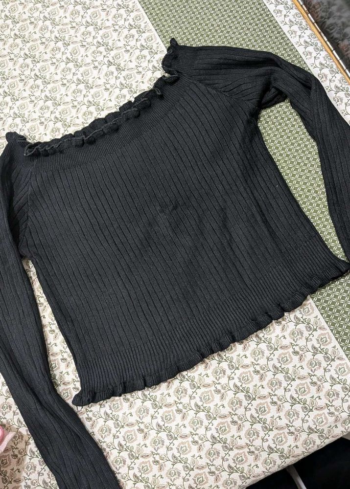 Black Ribbed Off-Shoulder Top