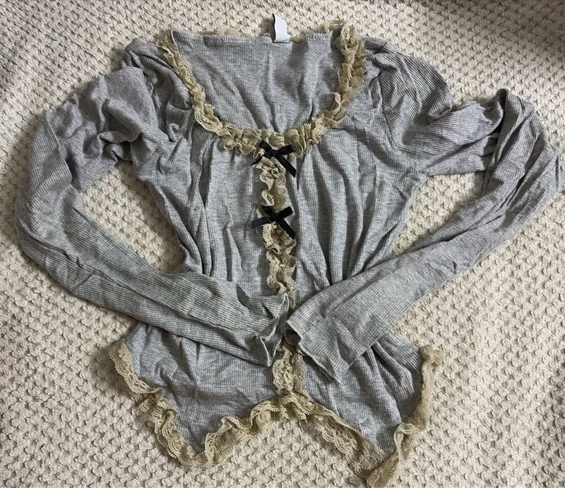 Grey Lace Trimmed Long Sleeve Top