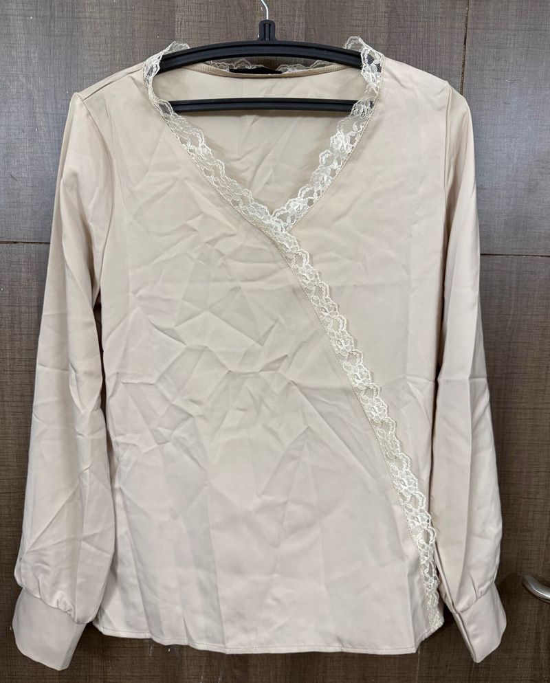 Elegant Beige Lace Trim Top