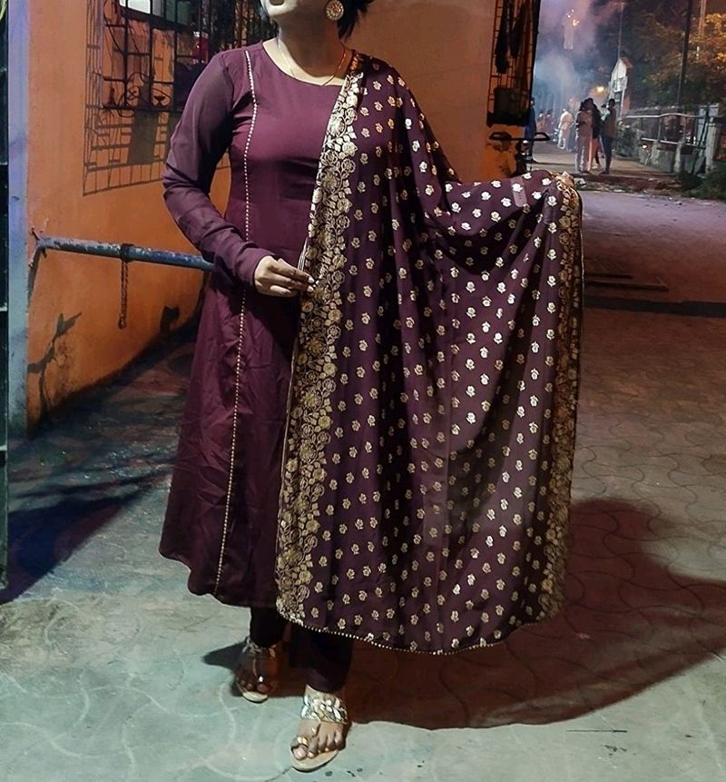 Beautiful Maroon Kurta Set With Printed Dupatta