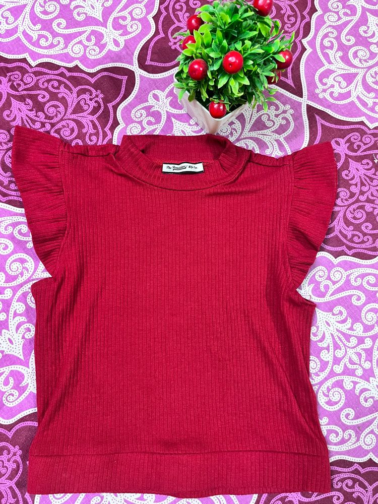 Roadster Crop Maroon Ribbed High Neck Top