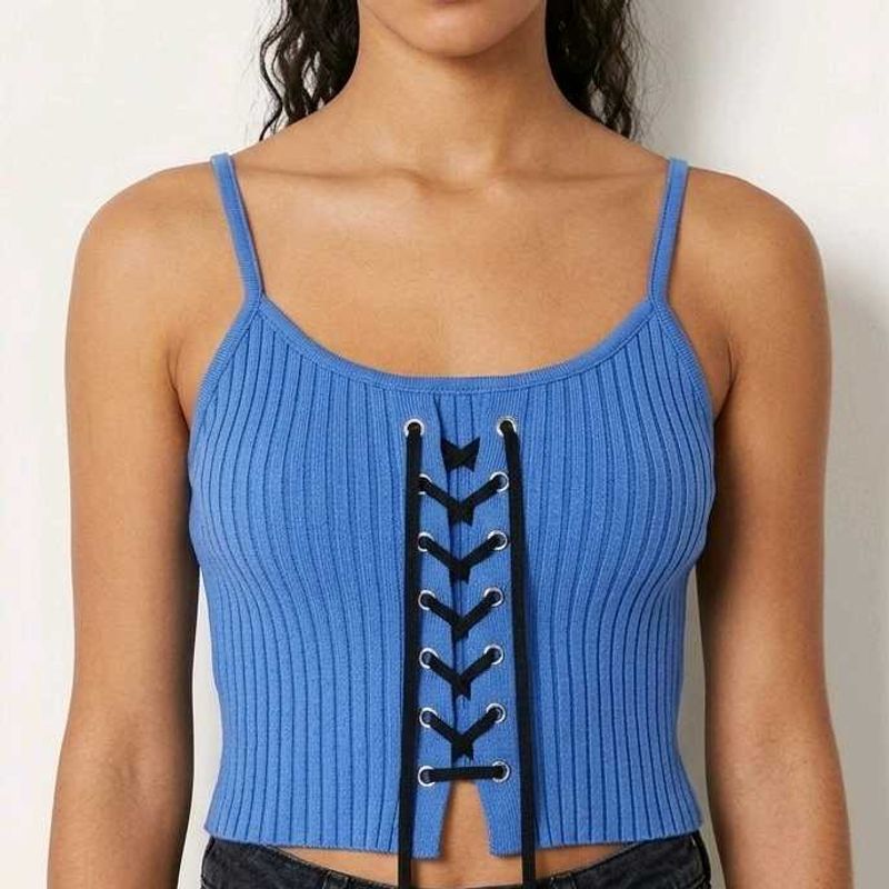 Blue Ribbed Lace-Up Crop Top