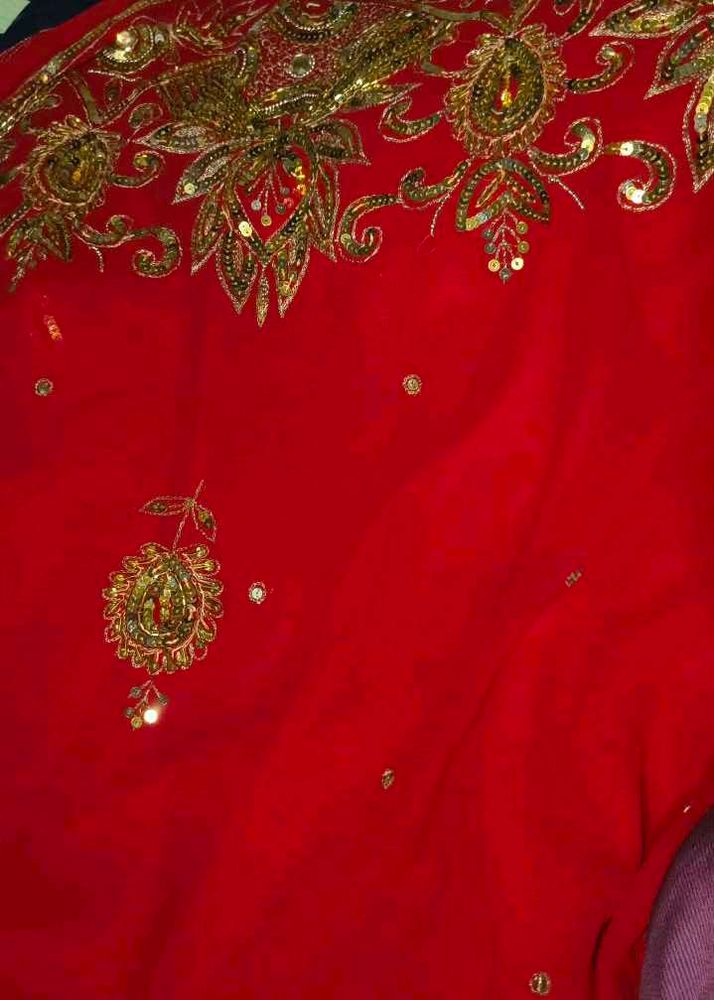 Stunning Red Embroidered  Saree with stitched bila
