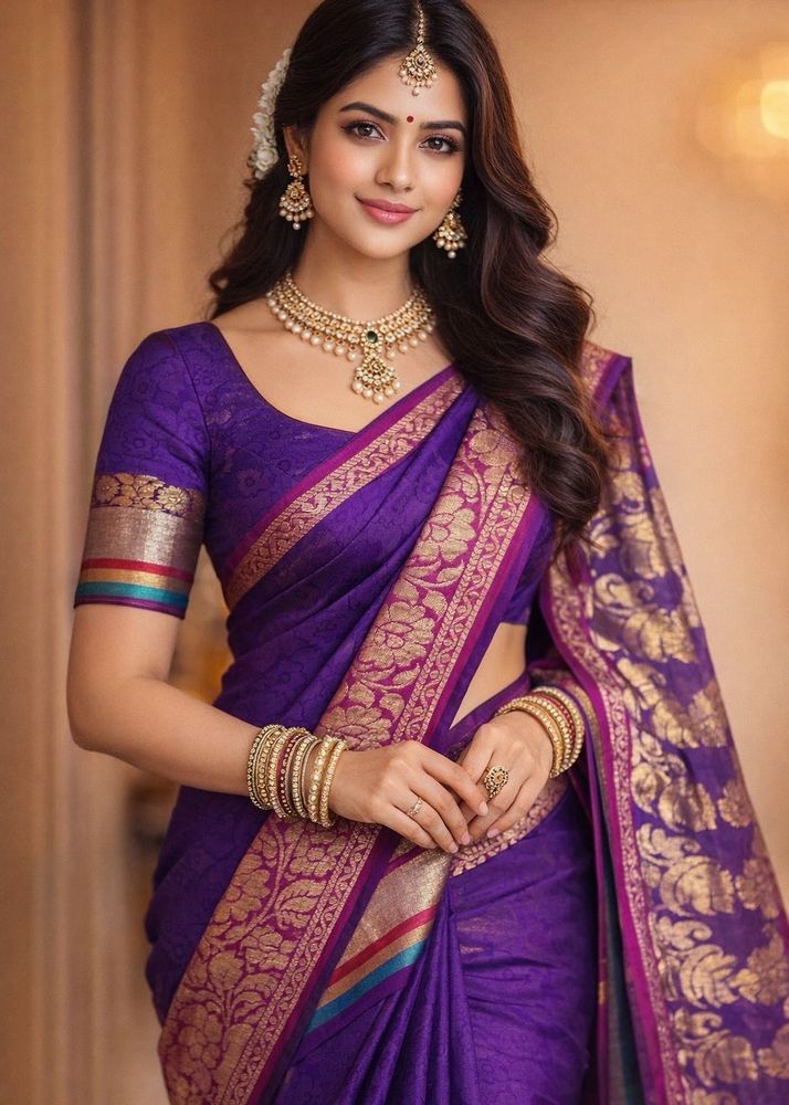 Elegant Purple &amp; Gold Banarasi Saree 💜