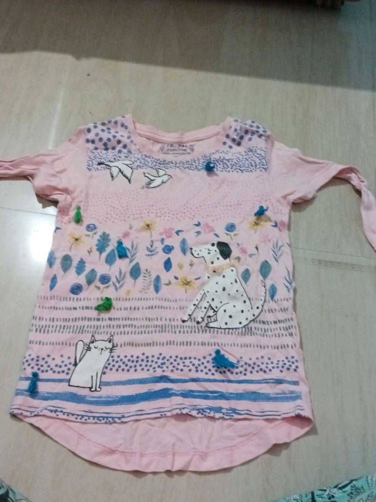 Cute Dog and Cat Print T-Shirt 5-6 years old girl