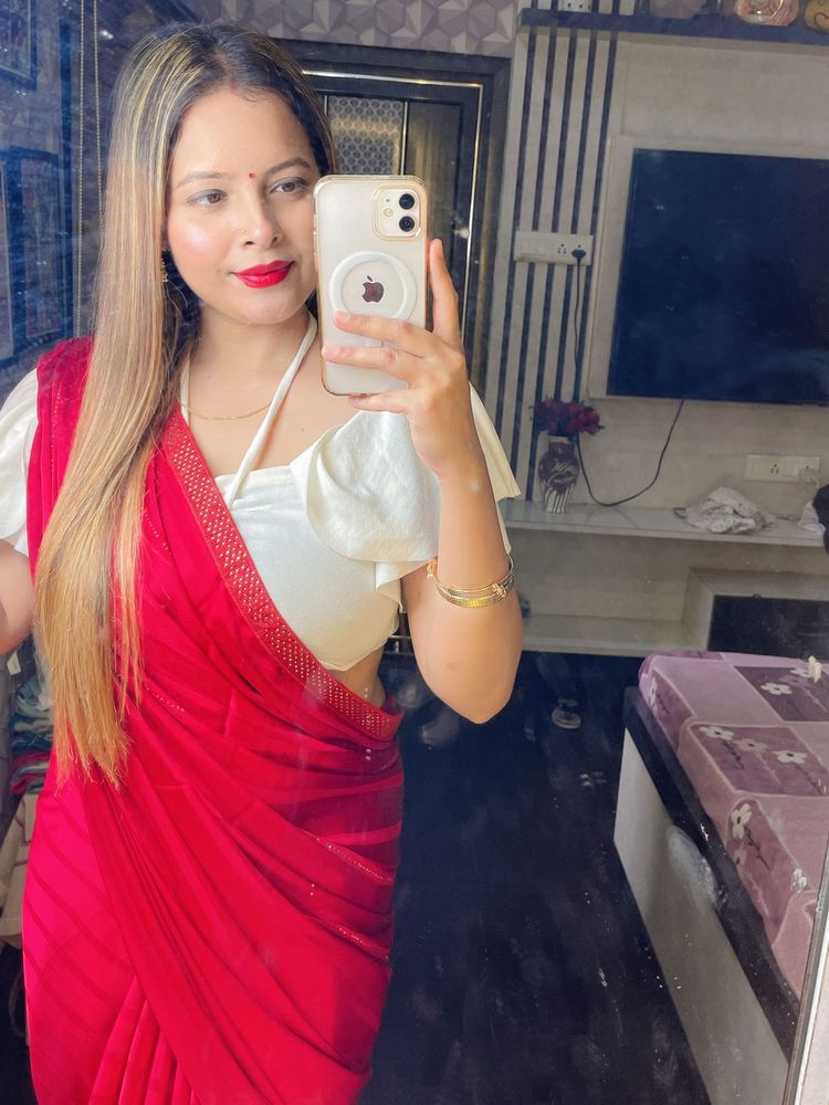 Elegant Red Saree with White Blouse