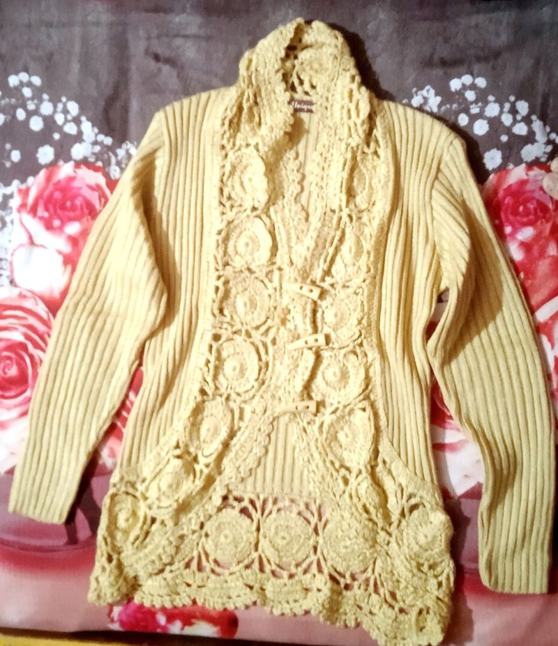 Stunning Beige/Tan Crochet Lace Cardigan Sweater