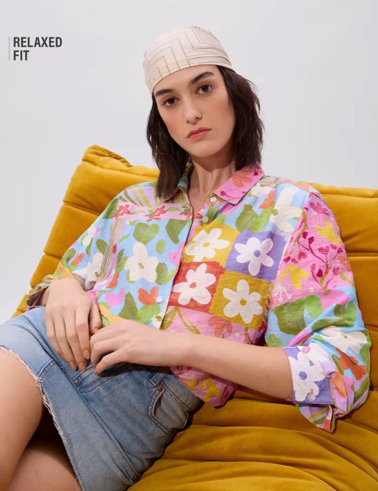 Pastel Floral Button Neck Drop Shoulder Tunic