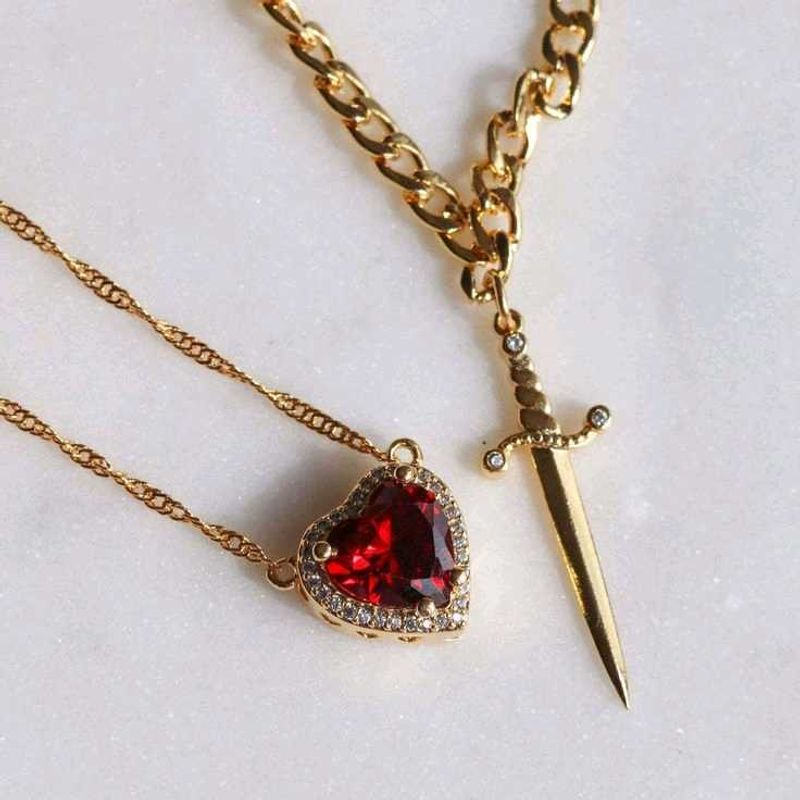 Couple Gold Heart &amp; Sword Necklace Set