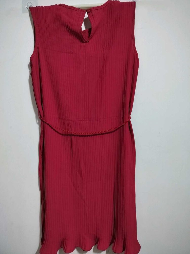 Pink Ribbed Sleeveless Dress with Belt