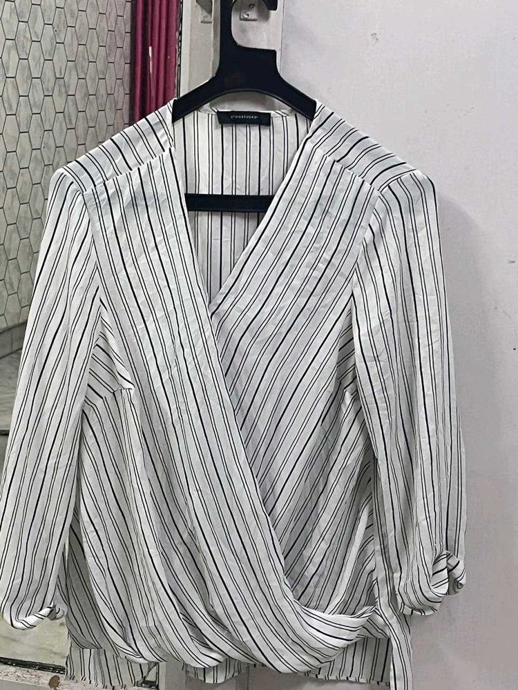 Chic Striped Wrap Blouse