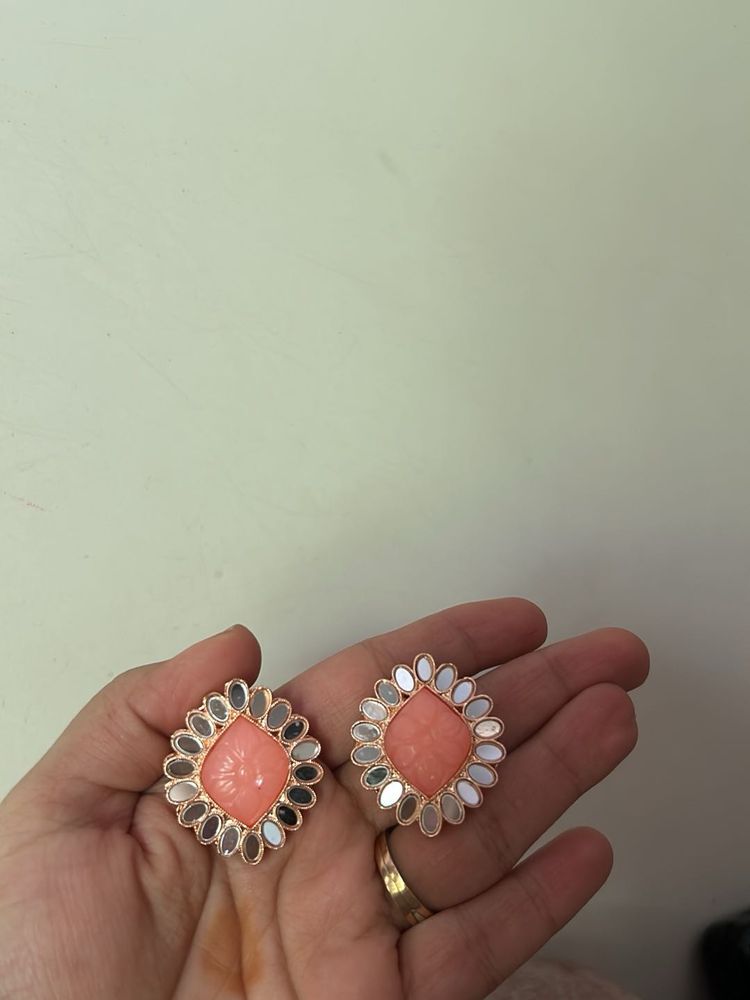 Designer Peach Stud Earrings with Mirror Work