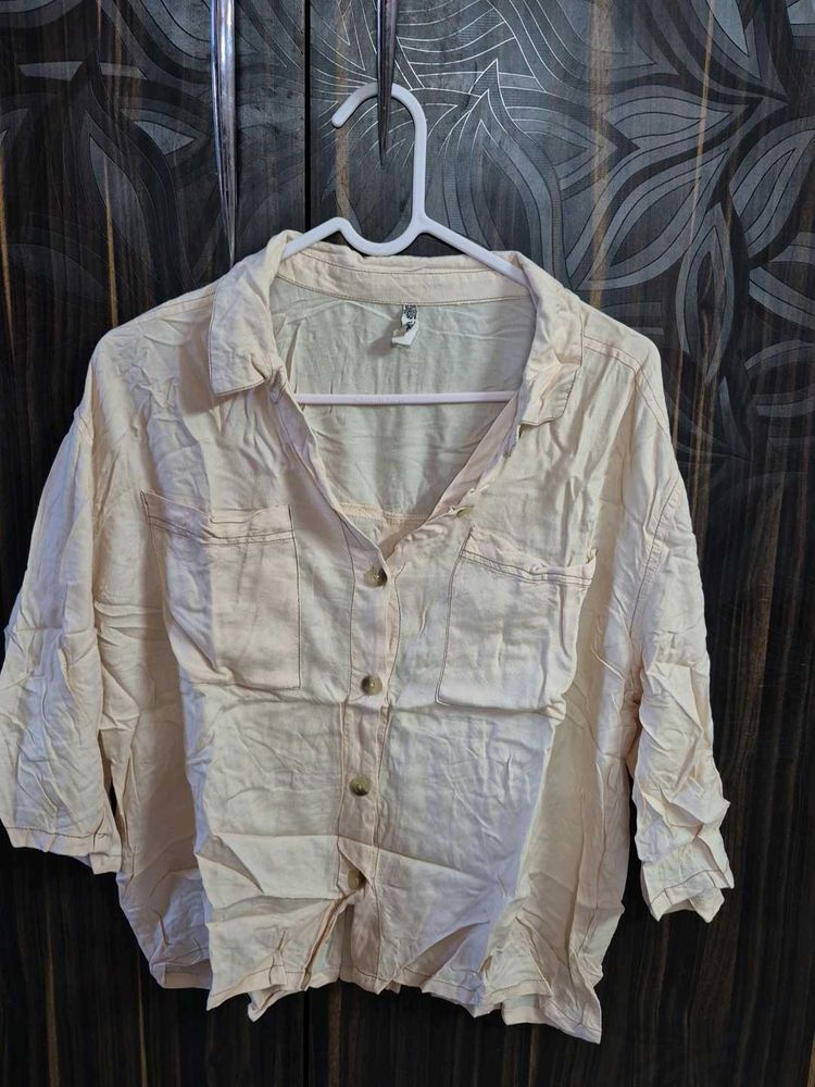 Cream Cropped Button-Up Shirt