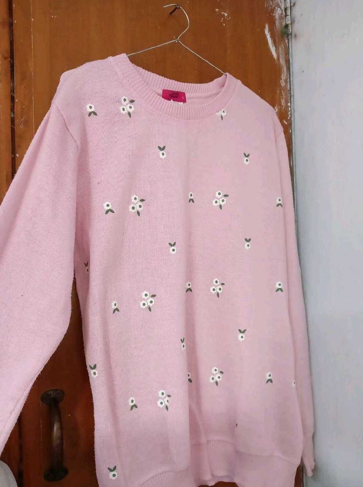 Floral Embroidered Pink Sweater