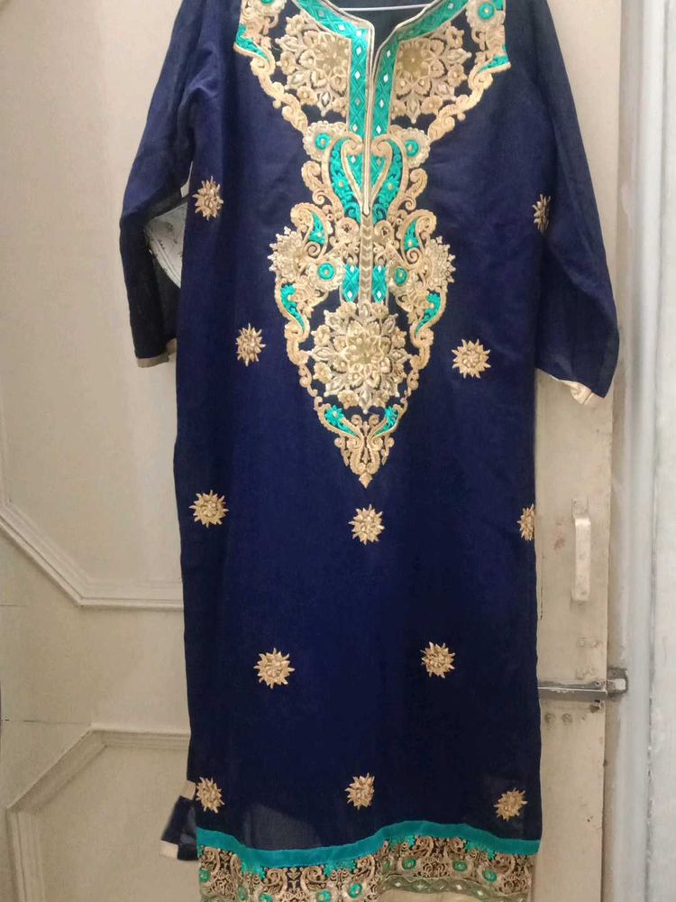 Embroidered Navy Blue Kurta and firoji shrara