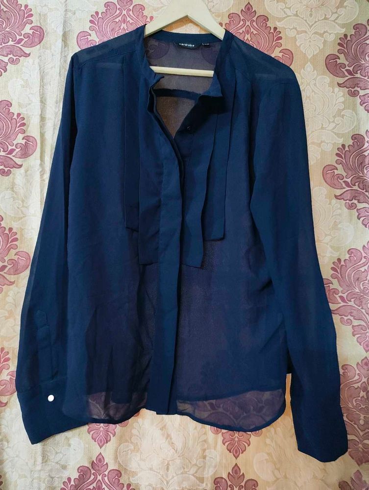 Elegant Navy Blue Sheer Blouse