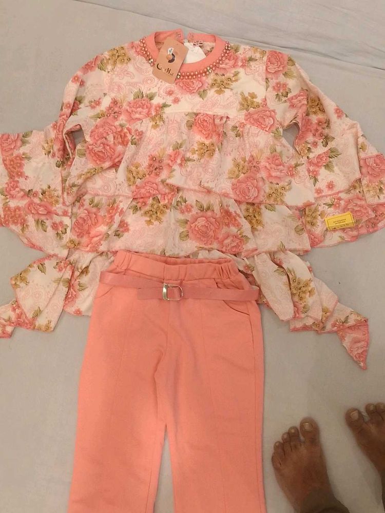 Floral Print Peplum Top with Coral Pants Set