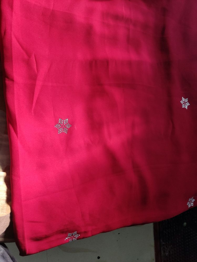 Brand New Red Colour Plain Saree With Stones