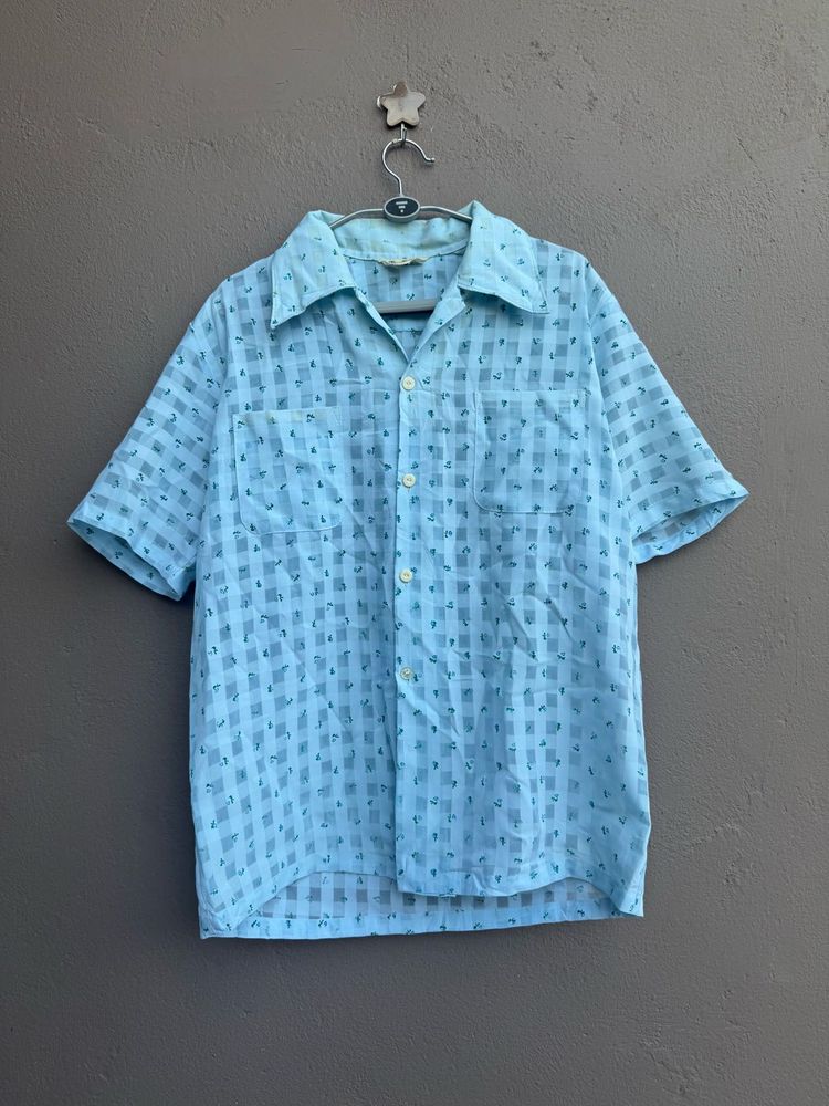 Retro Blue Plaid Short Sleeve Shirt