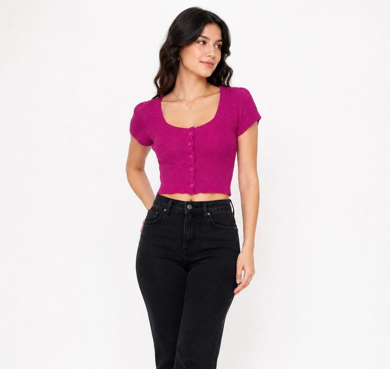 Fuchsia Button-Up Cropped Knit Top