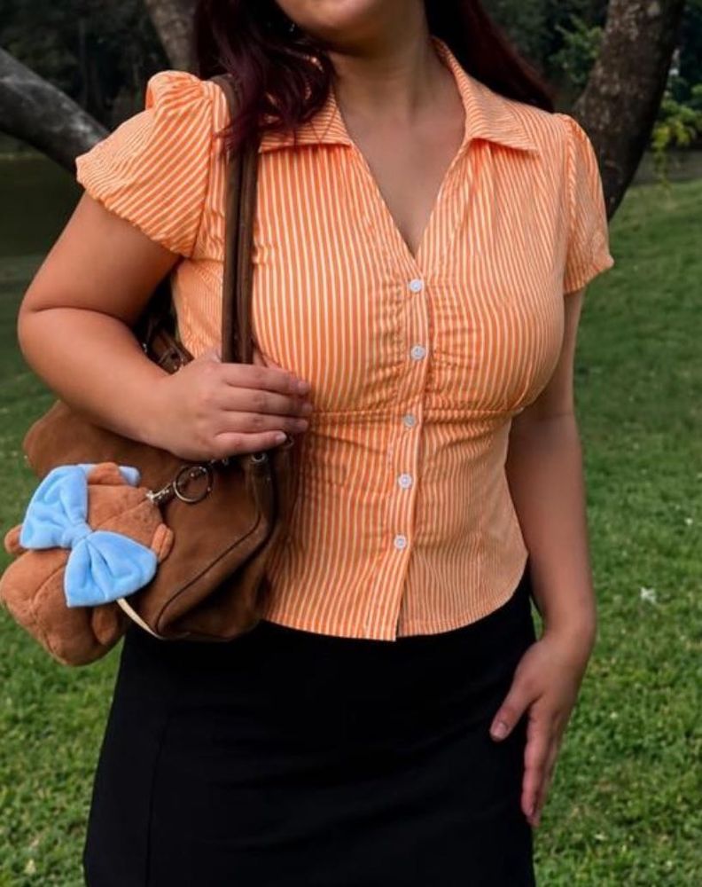 Orange Striped Button-Up Top