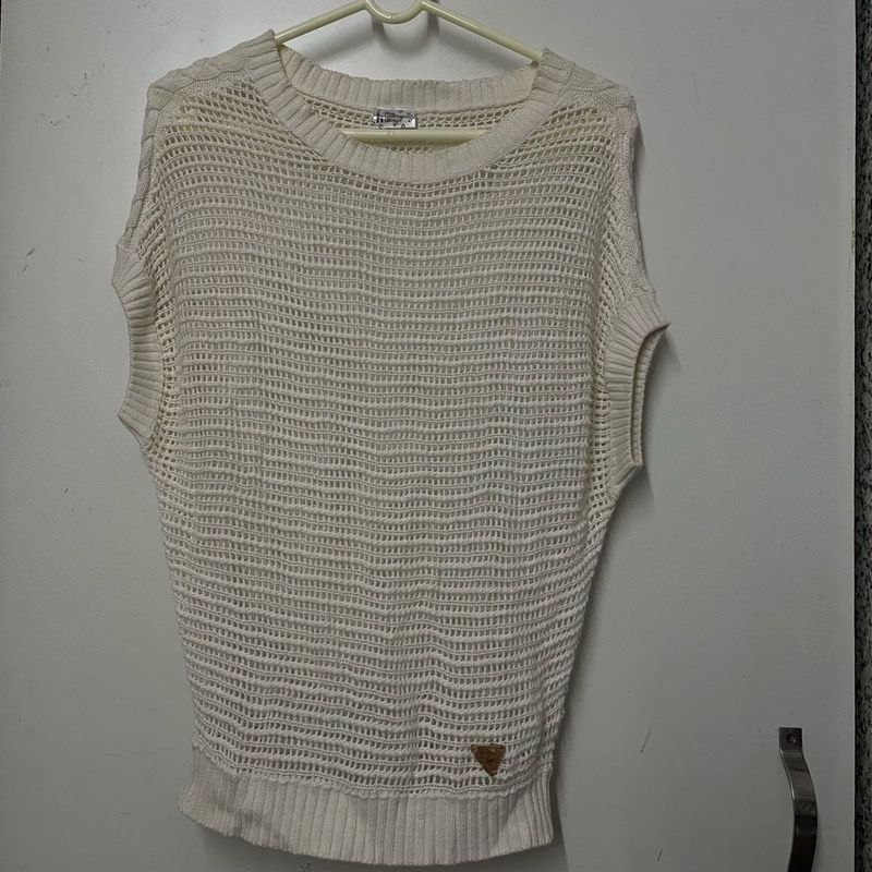 Cream Drop-shoulder Mesh Knit Sweater Top