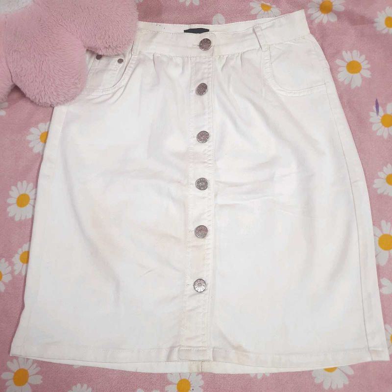 White Button-Front Denim Skirt